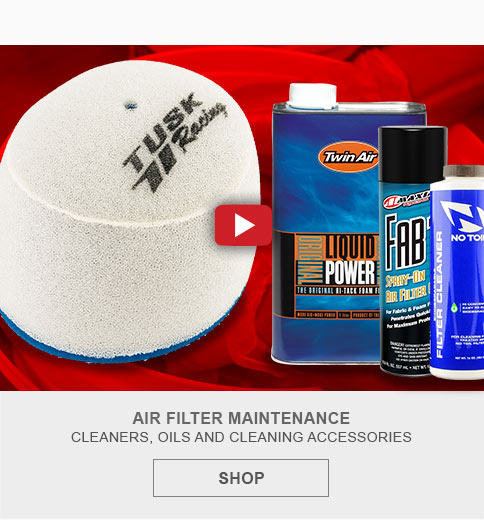 graphic, Tusk air filter with a collage of air filter cleaners and oils, video available, Air Filter Maintenance, cleaners, oils andcleaning accessories, link, shop