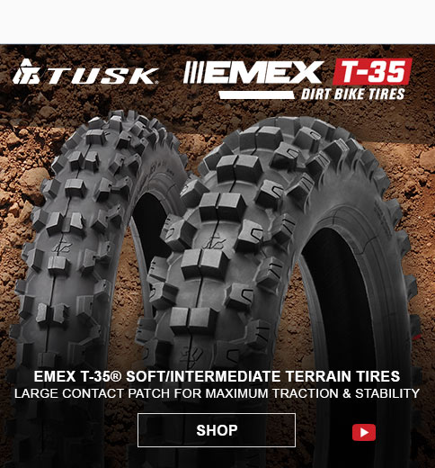 graphic, Tusk logo, EMEX T-35 dirt bike tires, graphic, two Tusk T-35 tires, EMEX T-35 soft to intermediate terrain tires, large contact patch for maximum traction and stability, link, shop