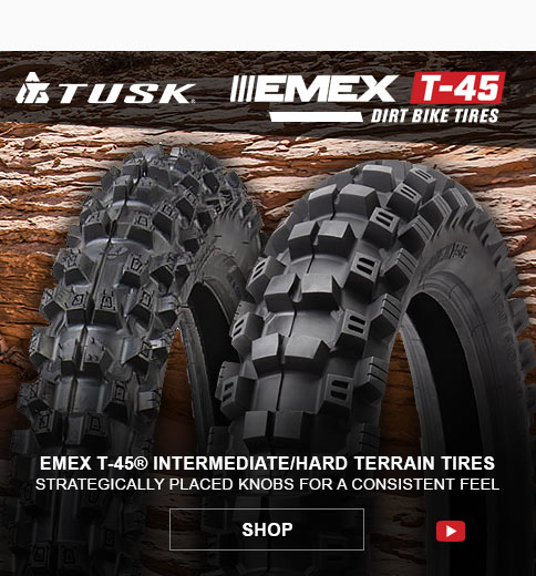 graphic, Tusk logo, EMEX T-45 dirt bike tires, graphic, two Tusk T-45 tires,  EMEX T-45 intermediate to hard terrain tires, strategically placed knobs for a consistent feel, link, shop 