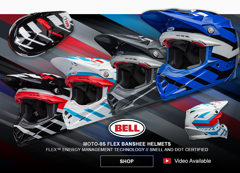 Bell Moto 9S Flex Banshee Helmets, Flex Energy management // Snell and DOT certified, shop button, youtube play button, video available