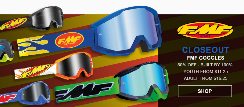 FMF Closeout Goggles - Built by 100% - youth from $11.25, adult from $16.25, shop button