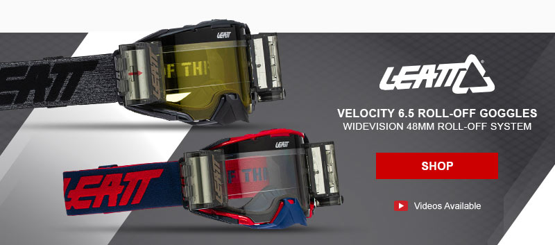 Leatt Velocity 6.5 roll-off goggles, widevision 48mm roll-off syste, shop button, youtube play button, video available, shop button, image of 2 mx goggles