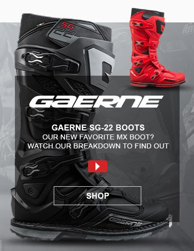 Gaerne logo, Gaerne SG-22 Boots, Our new favorite MX boot? Watch our breakdown to find out, youtube play button, shop button