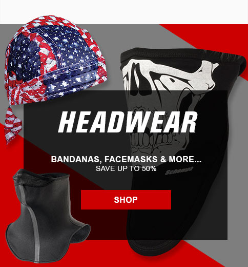 Headwear, bandanas, face masks and more. Save up to 50 percent. Link, shop. Bandana and two face masks displayed.