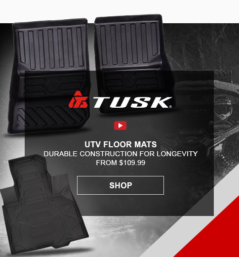 Tusk logo over youtube button. UTV floor mats. Durable construction for longevity. From $109 dollars and 99 cents. Link, shop. Three UTV floor mats displayed. 