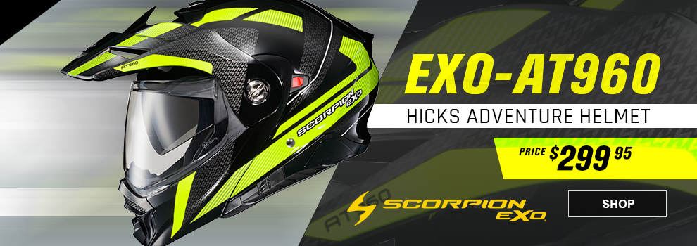 Scorpion EXO AT-960 Hicks Adventure Helmet, Price $299 and 99 cents, a side shot of the Hicks black and Hi-Vis helmet, link, shop