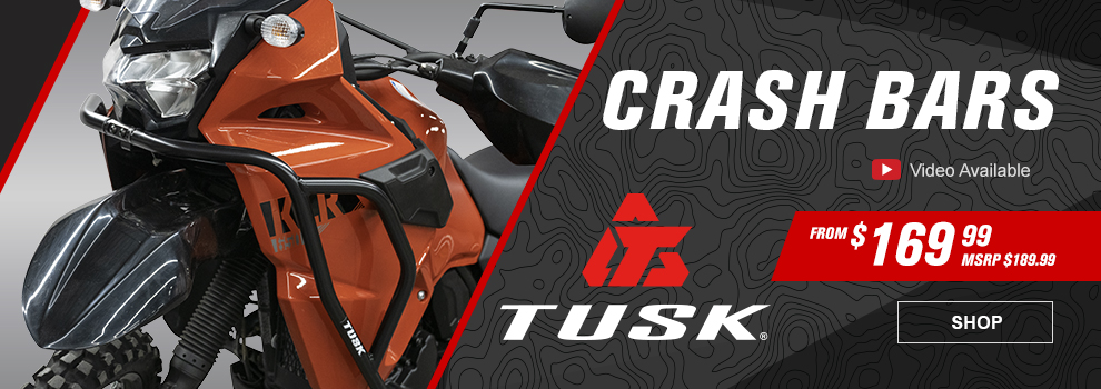 Tusk Crash Bars, Video Available, From $169 and 99 cents, MSRP $189 and 99 cents, a Kawasaki KLR650 with the Crash Bars installed, link, shop