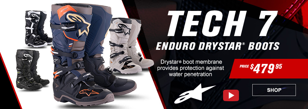 Alpinestars Tech 7 Enduro Drystar Boots, Drystar boot membrane provides protection against water penetration, Price $479 and 95 cents, video available, a collage of all the boot color ways, link, shop