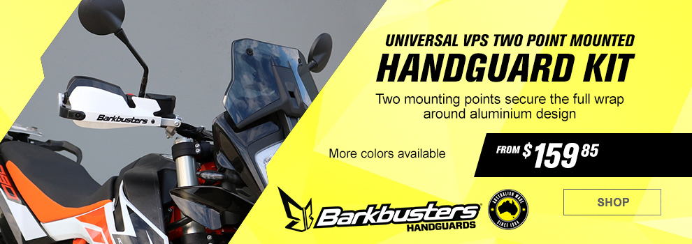 Barkbusters Handguards, Universal VPS Two Point Handguard Kit, Two mounting points secure the full wrap around aluminum design, From $159 and 85 cents, a pair of white handguards on a KTM adventure bike, more colors available, link, shop