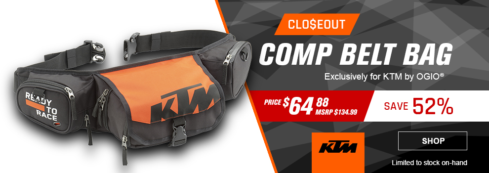 KTM Closeout Comp Belt Bag, Exclusively for KTM by OGIO, Price $64 and 88 cents, MSRP $134 and 99 cents, Save 52 percent, the Comp Belt Bag, link, shop
