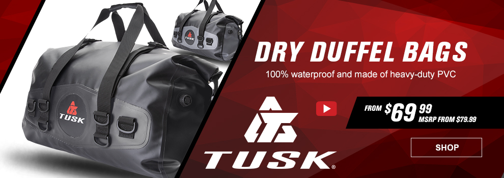 Tusk Dry Duffel Bags, 100 percent waterproof and made of heavy-duty PVC, video available, From $69 and 99 cents, MSRP from $79 and 99 cents, the black and black/grey duffel bag