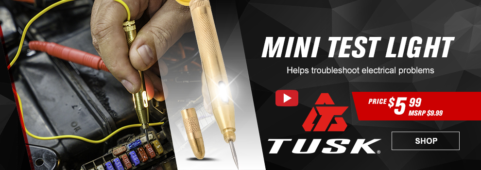 Tusk Mini Test Light, Helps troubleshoot electrical problems, video available, Price $5 and 99 cents, MSRP $9 and 99 cents, the test light along with a shot of it being used to test some fuses, link, shop