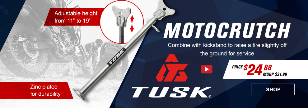 Tusk Motocrutch, Combine with kickstand to raise a tire slightly off the ground for service, Video, Price $24 and 88 cents, MSRP $31 and 99 cents, the Motocrutch, Zinc plated for durability, adjustable height from 11 inches to 19 inches, link, shop