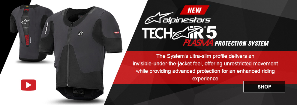 New, Alpinestars Tech-Air 5 Plasma Protection System, The system's ultra-slim profile delivers an invisible-under-the-jacket feel, offering unrestricted movement while providing advanced protection for an enhanced riding experience, a front and rear view of the system, video, link, shop