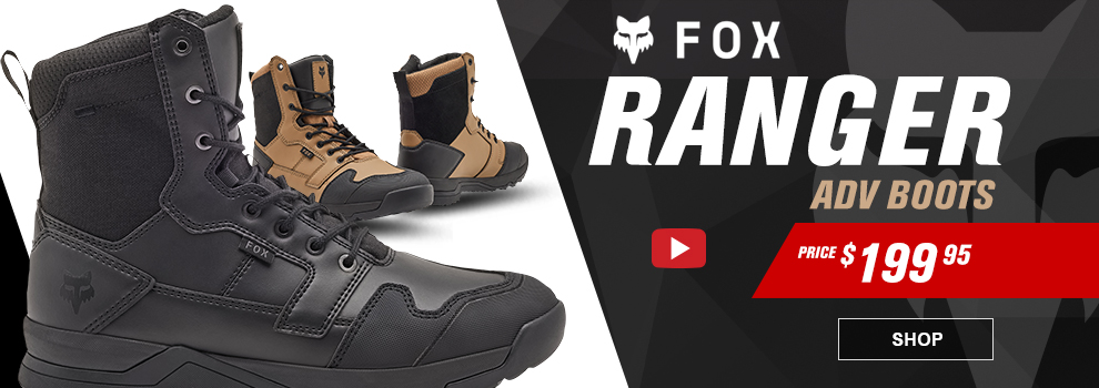 Fox Ranger ADV Boots, Video, Price $199 and 95 cents, a side view of the black boot, a pair of the dark khaki boots, link, shop