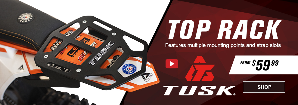 Tusk Top Rack, Features multiple mounting points and strap slots, from $59 and 99 cents, the top rack installed on a KTM motorcycle, video, link, shop