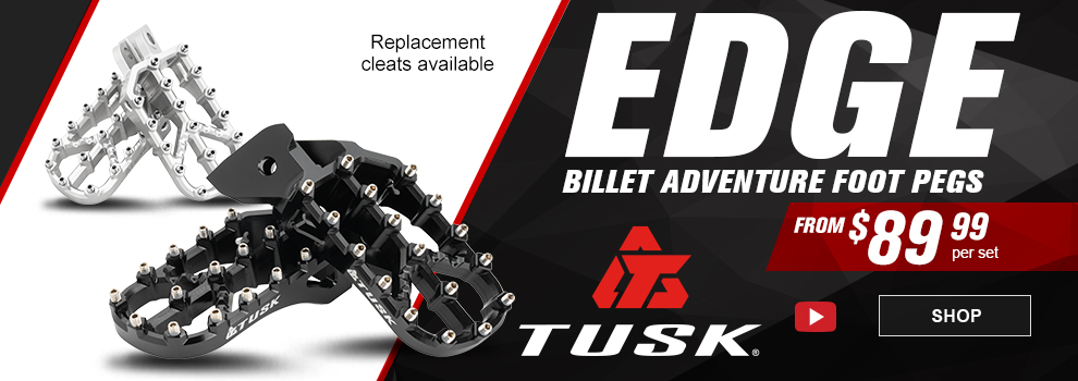 Tusk Edge Billet Adventure Foot Pegs, from $89 and 99 cents per set, video, replacement cleats available, link, shop
