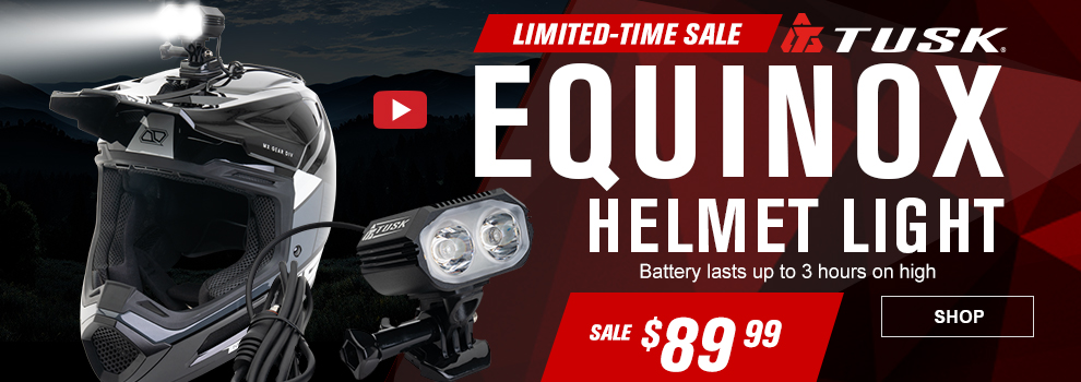 Limited-Time Sale, Tusk Equinox Helmet Light, battery lasts up to 3 hours on high, sale $89 and 99 cents, video, link, shop