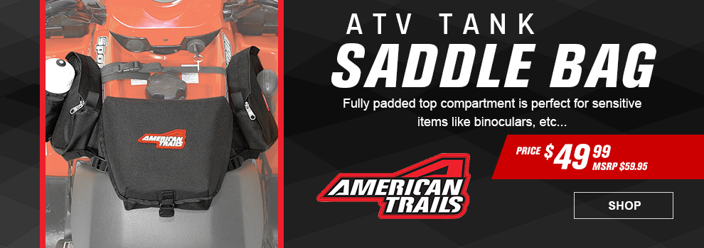 American Trails ATV Tank Saddle Bag, Fully padded top compartment is perfect for sensitive items like binoculars, etc..., Price $49 and 99 cents, MSRP $59 and 95 cents, the saddle bag installed on a red ATV, link, shop