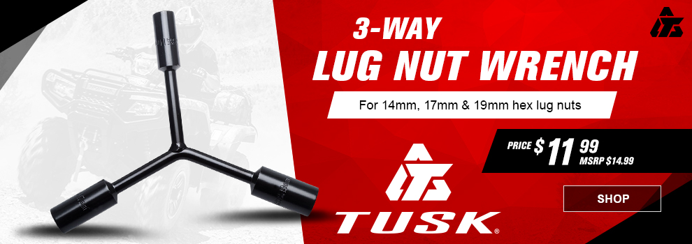 Tusk 3-Way Lug Nut Wrench, for 14 MM, 17 MM, and 19 MM hex lug nuts, Price $11 and 99 cents, MSRP $14 and 99 cents, the lug wrench with someone riding a utility ATV in the background, link, shop