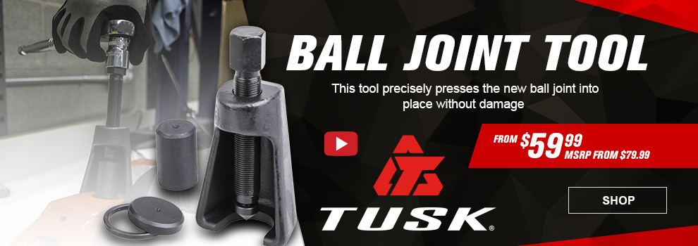 Tusk Ball Joint Tool, This tool precisely presses the new ball joint into place without damage, From $59 and 99 cents, MSRP from $79 and 99 cents, the ball joint tool along with a shot of someone using it in the background, Video available, link, shop