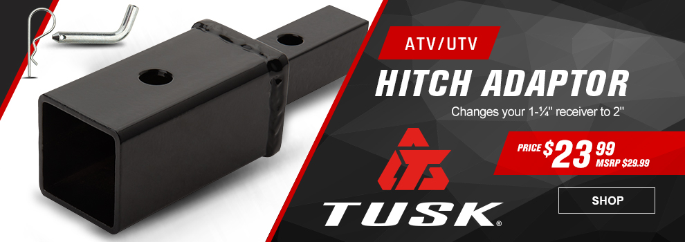 Tusk ATV/UTV Hitch Adaptor, Changes your 1 and 1 quarter inch receiver to 2 inch, Price $23 and 99 cents, MSRP $29 and 99 cents, the hitch adaptor with hitch pin and clip, link, shop