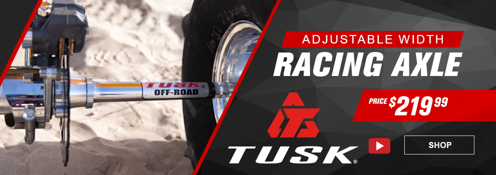 Tusk Adjustable Width Racing Axle, Price $219 and 99 cents, a closeup of an axle installed on an ATV, video, link, shop