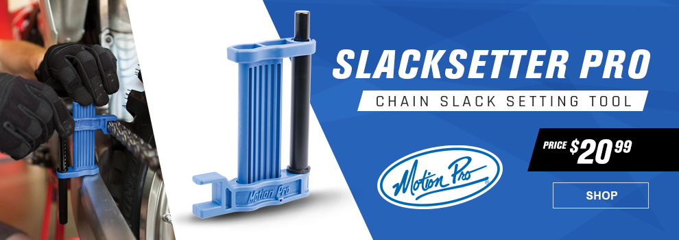 Motion Pro Slacksetter Pro Chain Slack Setting Tool, Price $20 and 99 cents, the Slacksetter Pro tool with a shot of someone using it on a dirt bike in the background, link, shop