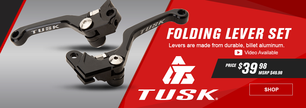 Tusk Folding Lever Set, Levers are made from durable, billet aluminum, Video available, Price $39 and 98 cents, MSRP $49 and 98 cents, the clutch and brake lever, link, shop