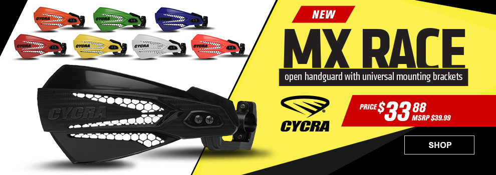 New, Cycra MX Race, open handguard with universal mounting brackets, Price $33 and 88 cents, MSRP $39 and 99 cents, every color handguard, link, shop