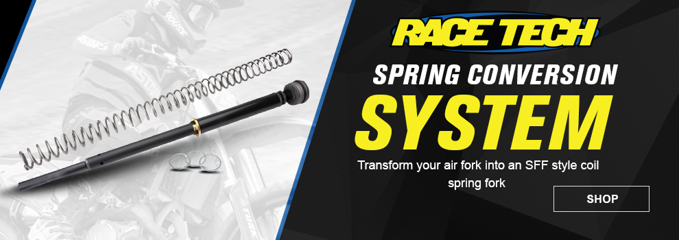 Race Tech Spring Conversion System, Transform your air fork into an SFF style coil spring fork, the spring conversion system along with someone riding a dirt bike in the background, link, shop