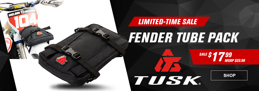 Limited-Time Sale, Tusk Fender Tube Pack, Sale $17 and 99 cents, MSRP $22 and 99 cents, the fender tube pack along with a shot of it attached to the front fender of a Husqvarna dirt bike, link, shop