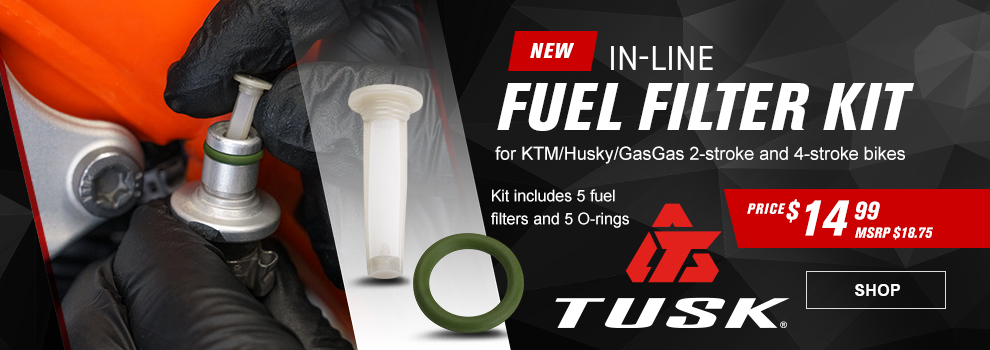 New, Tusk In-Line Fuel Filter Kit for the KTM/Husky/GasGas 2-stroke and 4-stroke bikes, Kit includes 5 fuel filters and 5 O-rings, Price $14 and 99 cents, MSRP $18 and 75 cents, the fuel filet and o-ring along with a shot of someone installig a the fuel filter on a KTM dirt bike, link, shop