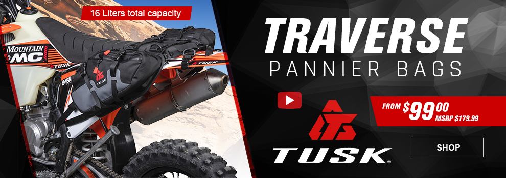 Tusk Traverse Pannier Bags, Video available, From $99, MSRP $179 and 99 cents, the Traverse pannier bags attached to a KTM dirt bike, 16 Liters total capacity, link, shop