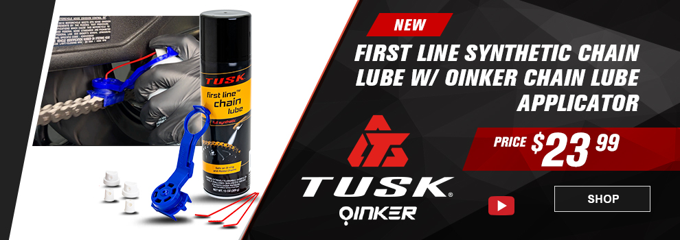 Tusk, Oinker, First Line Synthetic Chain Lube with Oinker Chain Lube Applicator, Price $23 and 99 cents, video, the chain lube and applicator along with an image of it being used on a dirt bike chain, link, shop