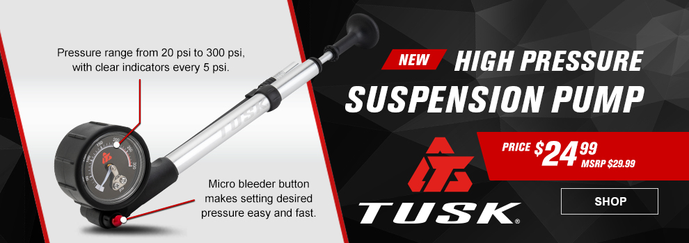 New, Tusk High Pressure Suspension Pump, Price $24 and 99 cents, MSRP $29 and 99 cents, the pump, call-out, Pressure range from 20 psi to 300 psi with clear indicators every 5 psi, call-out, Micro bleeder button makes setting desired pressure easy and fast, link, shop