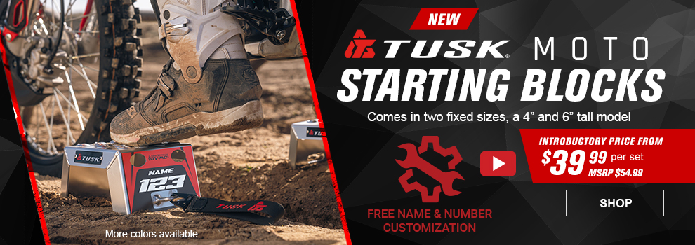 New, Tusk Moto Starting Blocks, Comes in two fixed sizes, a 4-inch and 6-inch tall model, Introductory Price From $39 and 99 cents per set, MSRP $54 and 99 cents, Video, link, shop