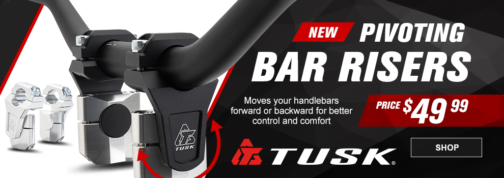 New, Tusk Pivoting Bar Risers, Moves your handlebars forward or backward for better control and comfort, price $49 and 99 cents, link, shop