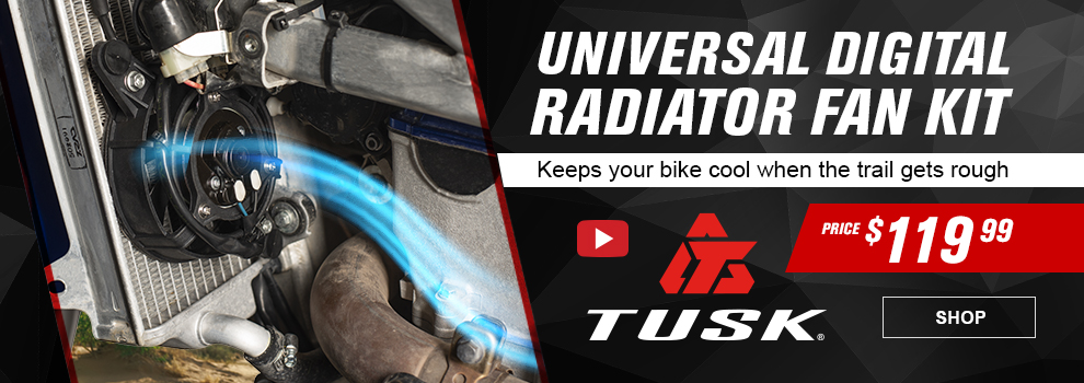 Tusk Universal Digital Radiator Fan Kit, Keeps your bike cool when the trail gets rough, Price $119 and 99 cents, video, link, shop