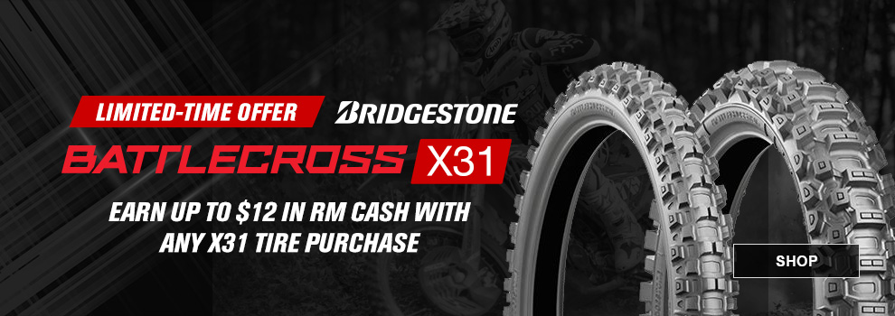 Limited-Time Offer, Bridgestone Battlecross X31, earn up to $12 in RM Cash with any X31 tire purchase, link, shop