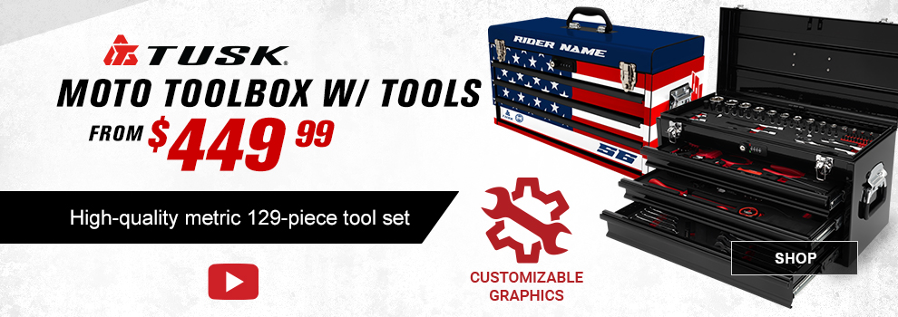 Tusk Moto Toolbox with Tools, from $449 and 99 cents, High-quality metric 129-piece tool set, customizable graphics, video, link, shop