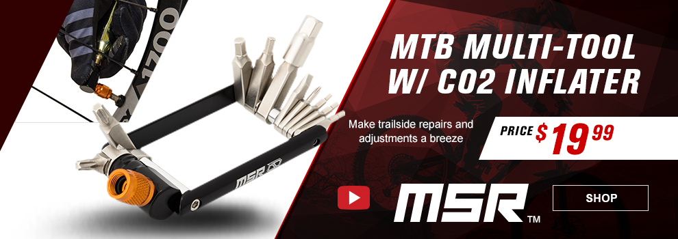 MSR MTB Multi-Tool with CO2 Inflator, Make trailside repairs and adjustments a breeze, price $19 and 99 cents, the multi-tool along with an image of someone using the CO2 inflator on a bike tire, video, link, shop
