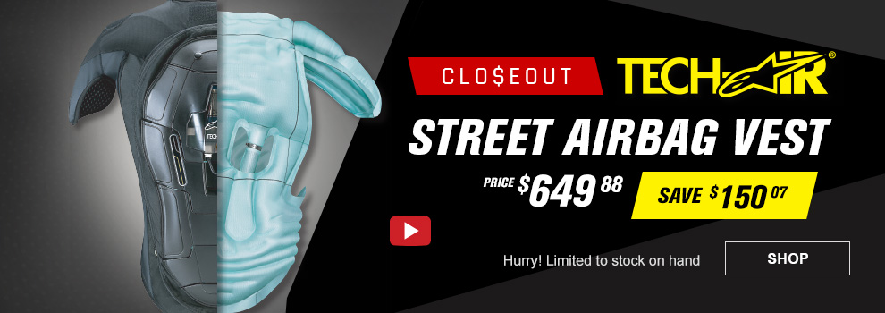 Alpinestars Closeout Tech-Air Street Airbag Vest, Price $649 and 88 cents, Save $150 anf 7 cents, Video available, Hurry! Limited to stock on hand, the Airbag Vest with half of it showing the airbag within, link, shop