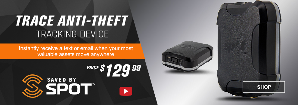 Saved by SPOT, Trace Anti-Theft Tracking Device, Instantly receive a text or email when your most valuable assets moev anywhere, Price $129 and 99 cents, Video available, 2 different views of the Trace Anti-Theft Tracking Device, link, shop