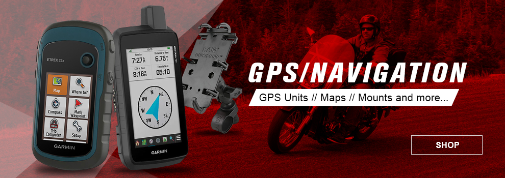 GPS/Navigation, GPS Units, Maps, Mounts and more, 2 Garmin GPS's and a Ram Mounts mount with someone riding a motorcycle in the background, link, shop