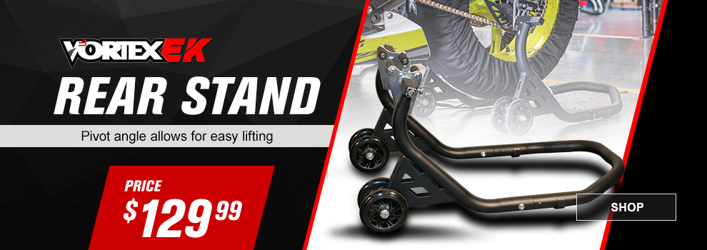 Vortex Rear Stand, Pivot angle allows for easy lifting, Price $129 and 99 cents, the stand along with an image of it being used on a motorcycle, link, shop