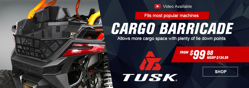 Tusk Cargo Barricade, Allows more cargo space with plenty of tie down points, Fits most popular machines, video available, From $99 and 88 cents, MSRP $134 and 99 cents, the cargo barricade mounted on a Polaris RZR XP Pro, link, shop