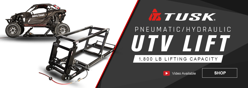 Tusk Pneumatic/Hydraulic UTV Lift, 1800 pound lifting capacity, video available, the UTV life along with s shot of a CAN-AM Maverick X3 lifted up on it, link, shop