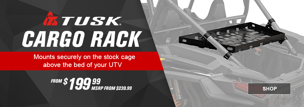 Tusk Cargo Rack, Mounts securely on the stock cage above the bed of your UTV, From $199 and 99 cents, MSRP from $239 and 99 cents, the cargo rack installed on a Polaris RZR XP 1000, link, shop