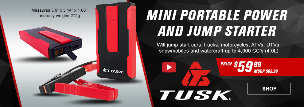 Tusk mini portable power and jump starter. Measures 5.9 inches x 3.14 inches x 1.06 inches and only weighs 272 grams. Will jump start cars, trucks, motorcycles, ATVs, UTVs, snowmobiles and watercraft up to 4,000 CC's (4.0L)